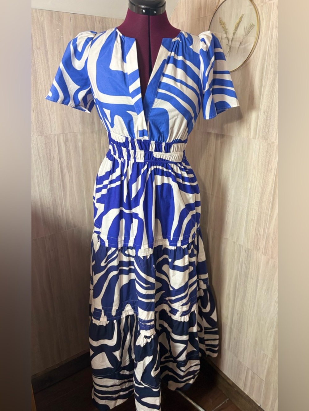 Anthropologie The Somerset Slate Blue & White Abstract Tiered Maxi Dress